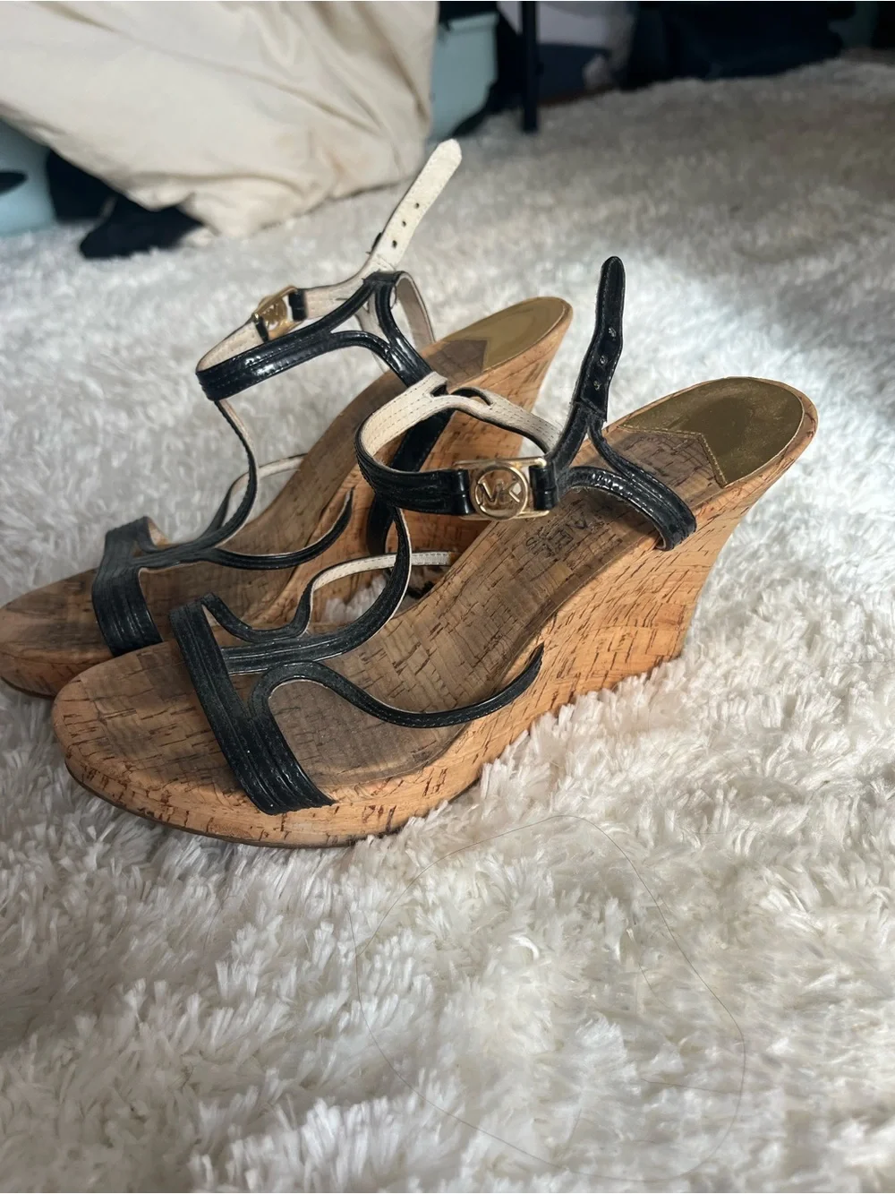 Michael Kors Black Leather T-Strap Cork Wedge Sandals